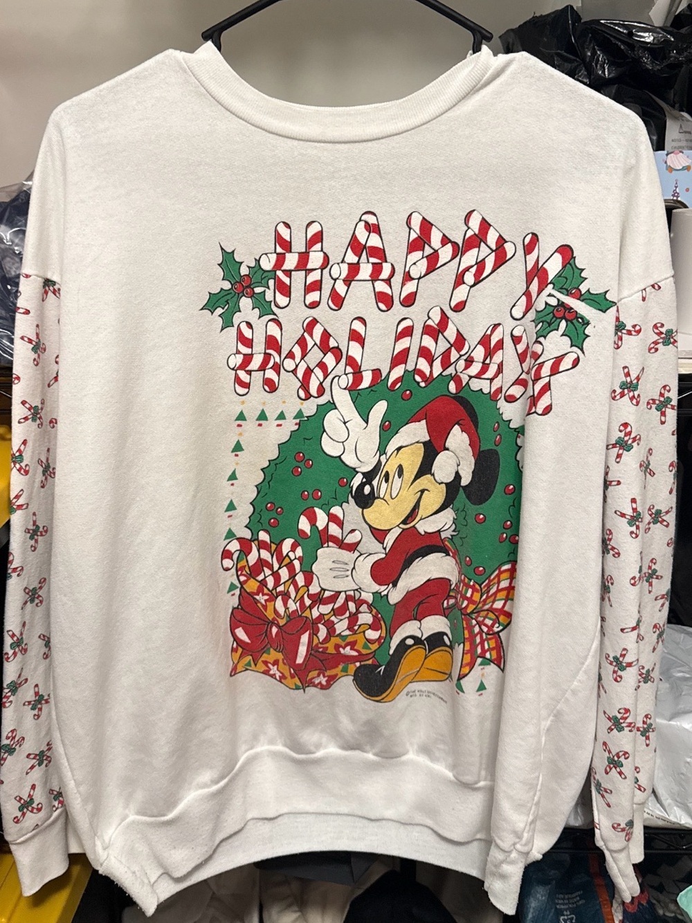 Mickey Mouse "Happy Holidays" Candy Cane Sweatshirt - White/Red/Green
